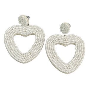 Beaded Heart Statement Earrings White Seed Bead Hoop Dangle Bohemian Studs